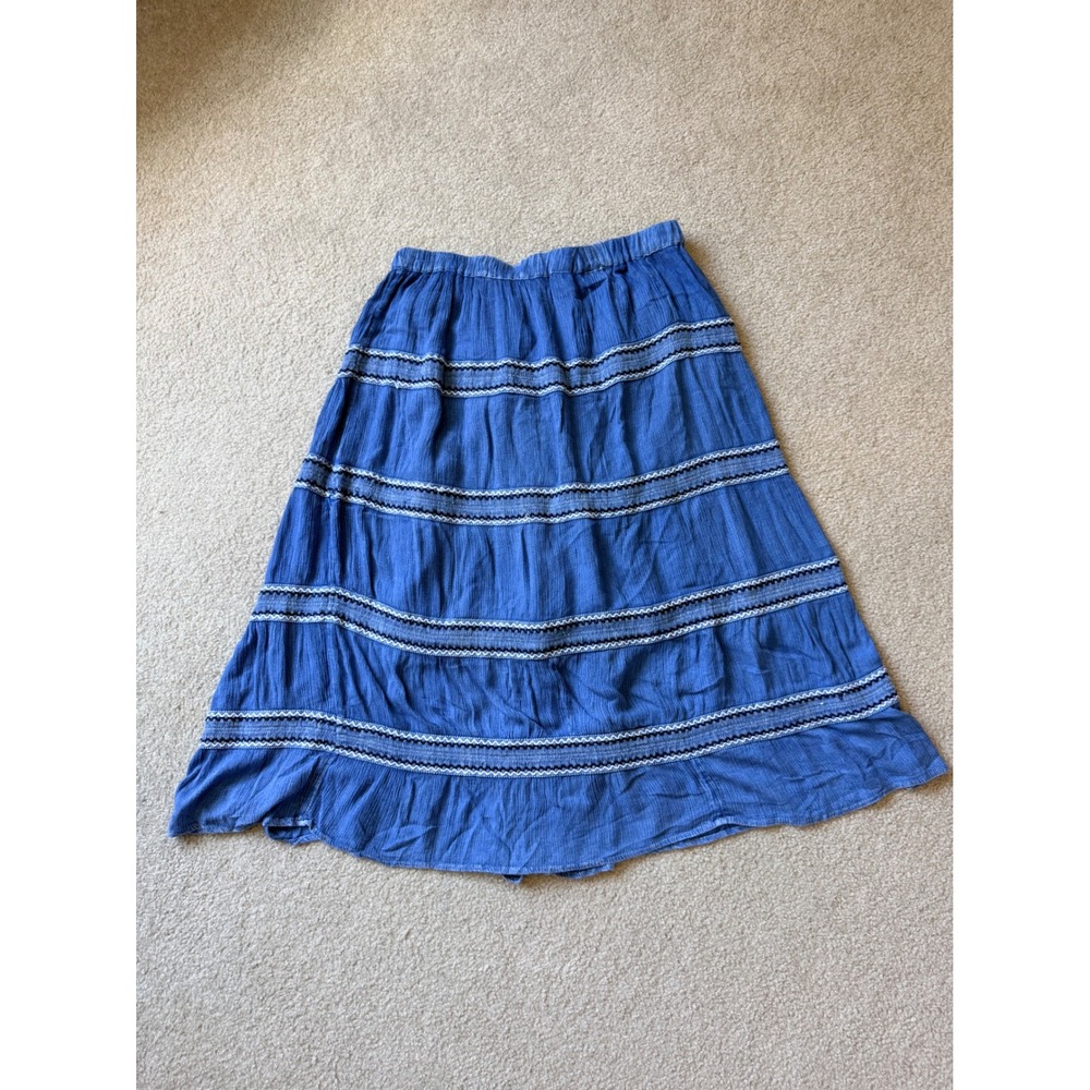 Studio West Womens Blue Tiered Peasant Midi Skirt Embroidered Boho Elastic Waist